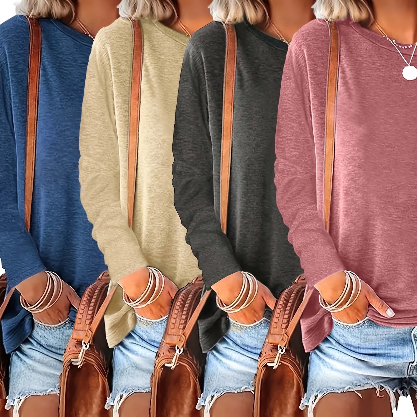Women's Solid Color Round Neck Long Sleeve Casual Tops for Spring and Autumn