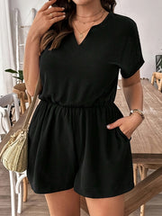 Plus Size Women's V-Neck Short Sleeve Jumpsuit Black Summer Romper