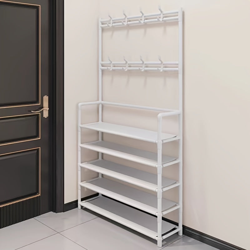 Metal Entryway Storage Rack with Shoe Shelves Hooks and Coat Stand in White or Black
