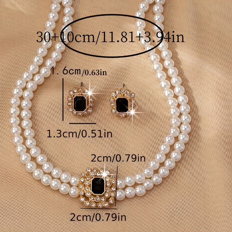 Women's Elegant Double Row Square Necklace and Earring Set Silver Tone