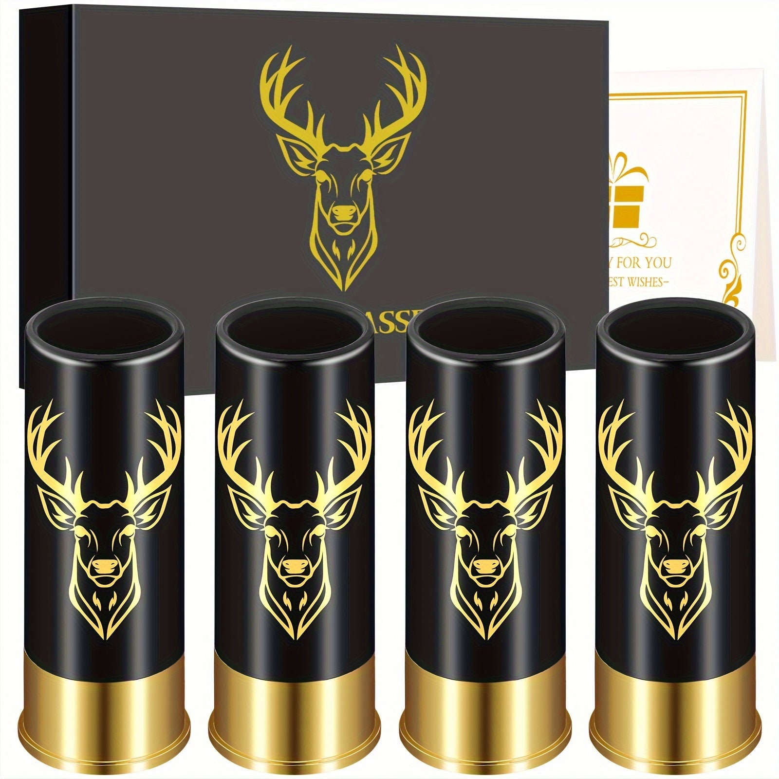 Set of 4 Reusable Plastic Shot Glasses with Deer and Skull Designs and Bullet-Shaped Cups