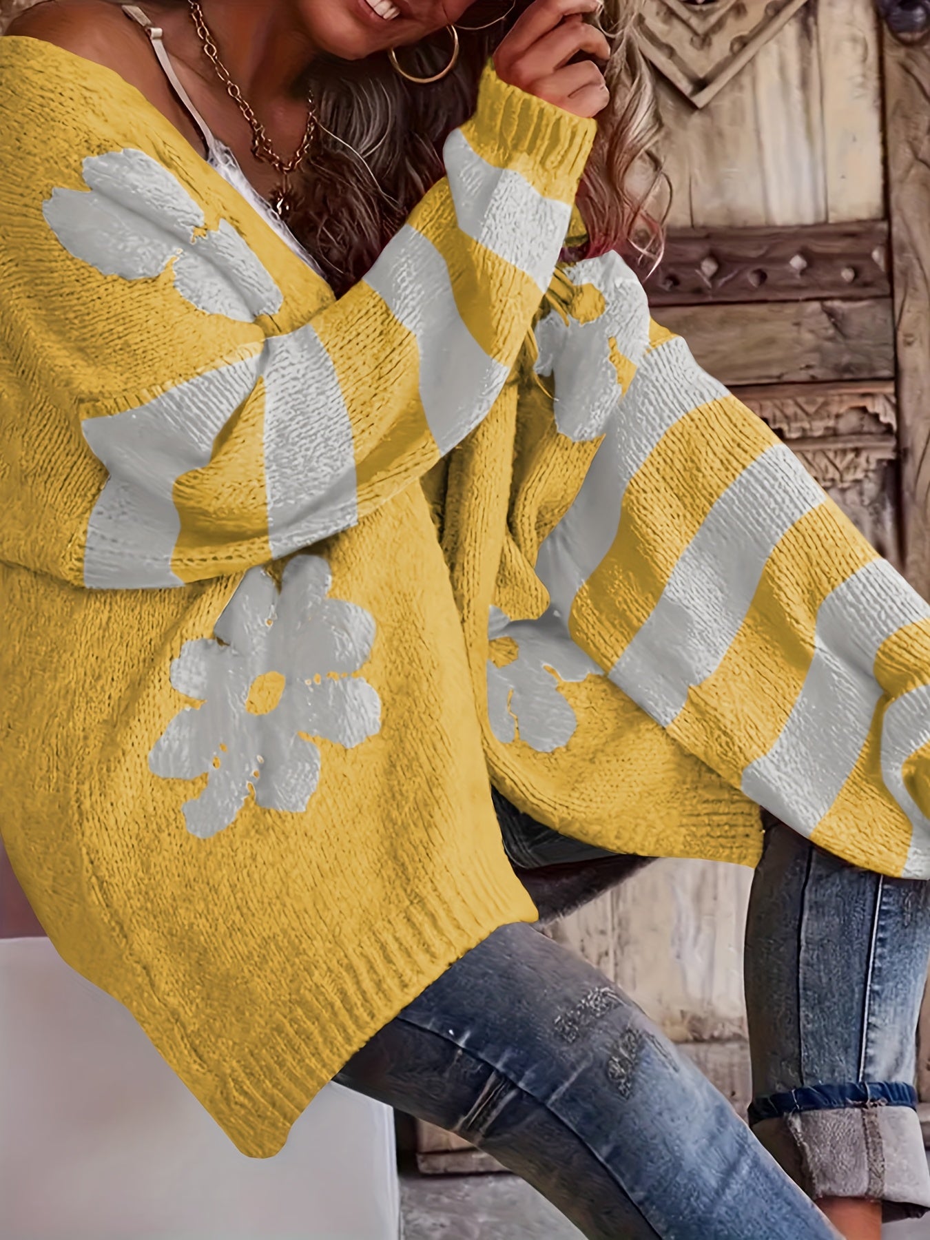 ayollar uchun keng ko'lamli V-yonoqli gul bosma to'qilgan kardigan uzun qo'lqopli sviter