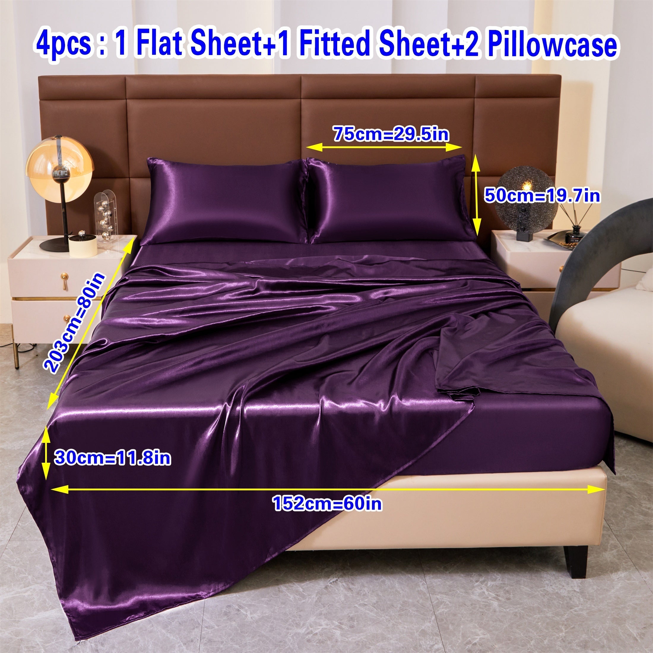 Set of Four Colored Bed Skirt, Sheet, and Pillowcase Bedding Set
