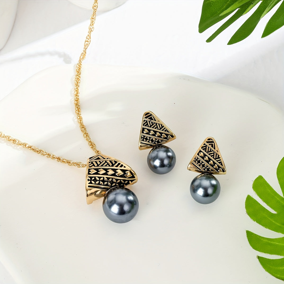 Black Pearl Triangle Pendant Necklace and Earrings Set for Women Jewelry Gift
