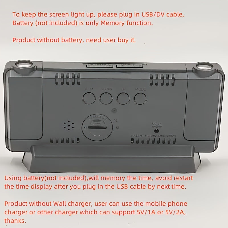 LED Dual Projection Alarm Clock with USB Power and Wall Mount for Bedrooms