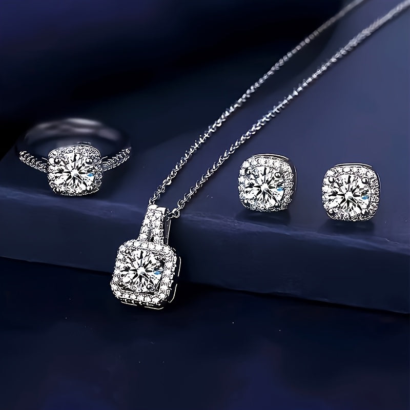 Women's Jewelry Set with Square Synthetic Zirconia Earrings Ring and Necklace Elegant Luxury Gift