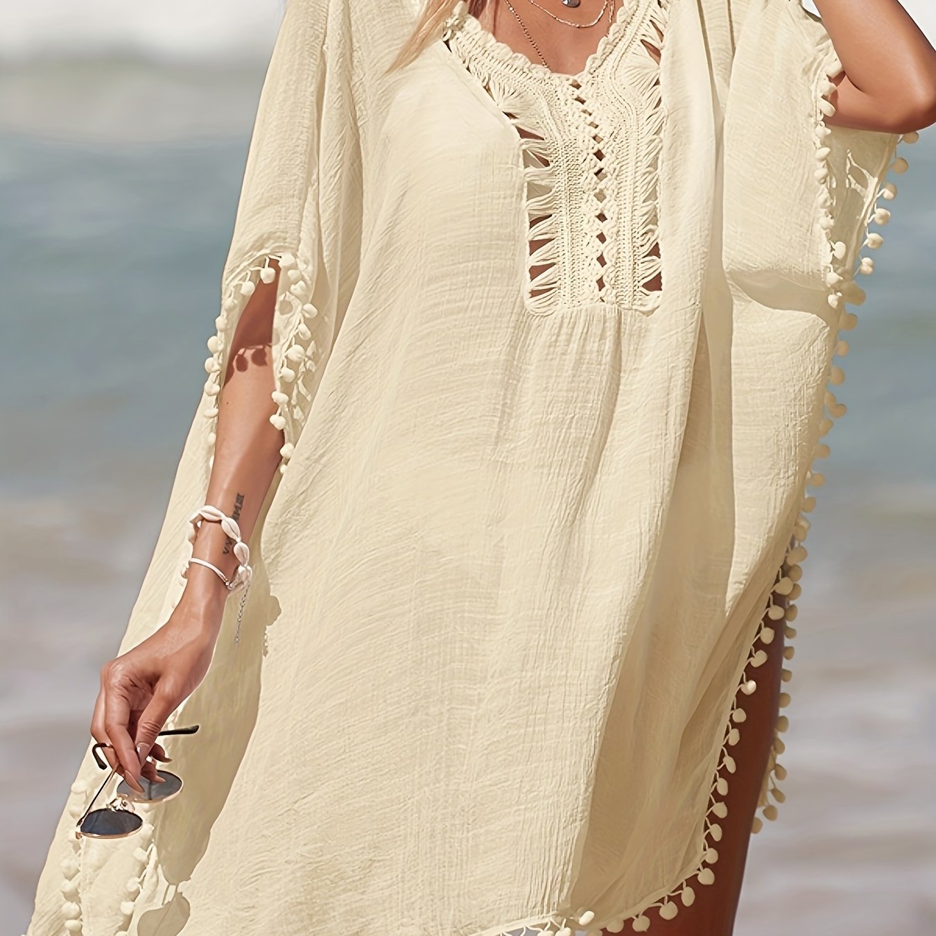 Bohemian Crochet Cover Up for Women with Batwing Sleeves and Side Split Beach Sun Protection