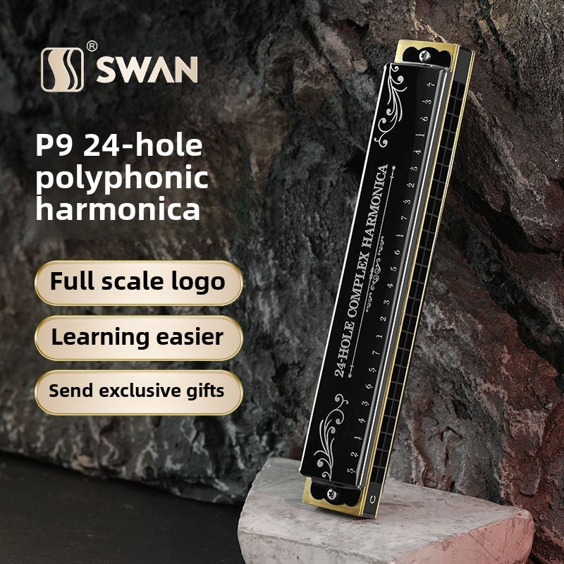 SWAN Garmonik: Boshlovchilar va Kattalar uchun 24/28 Teshikli Ijro Sifatidagi Metall Garmonik, C O'lchovida Qopqoq bilan, Oq Polirovka Qilingan Yuzasi