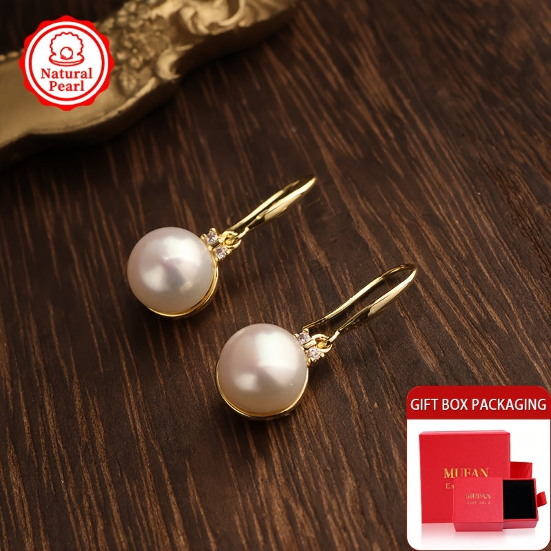 Women’s Vintage-Inspired Freshwater Pearl Drop Earrings 10mm Flat Round Cubic Zirconia