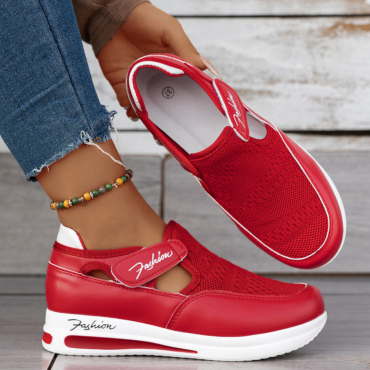 Women's Casual Mesh Sneakers with Supportive PU Sole in Red
