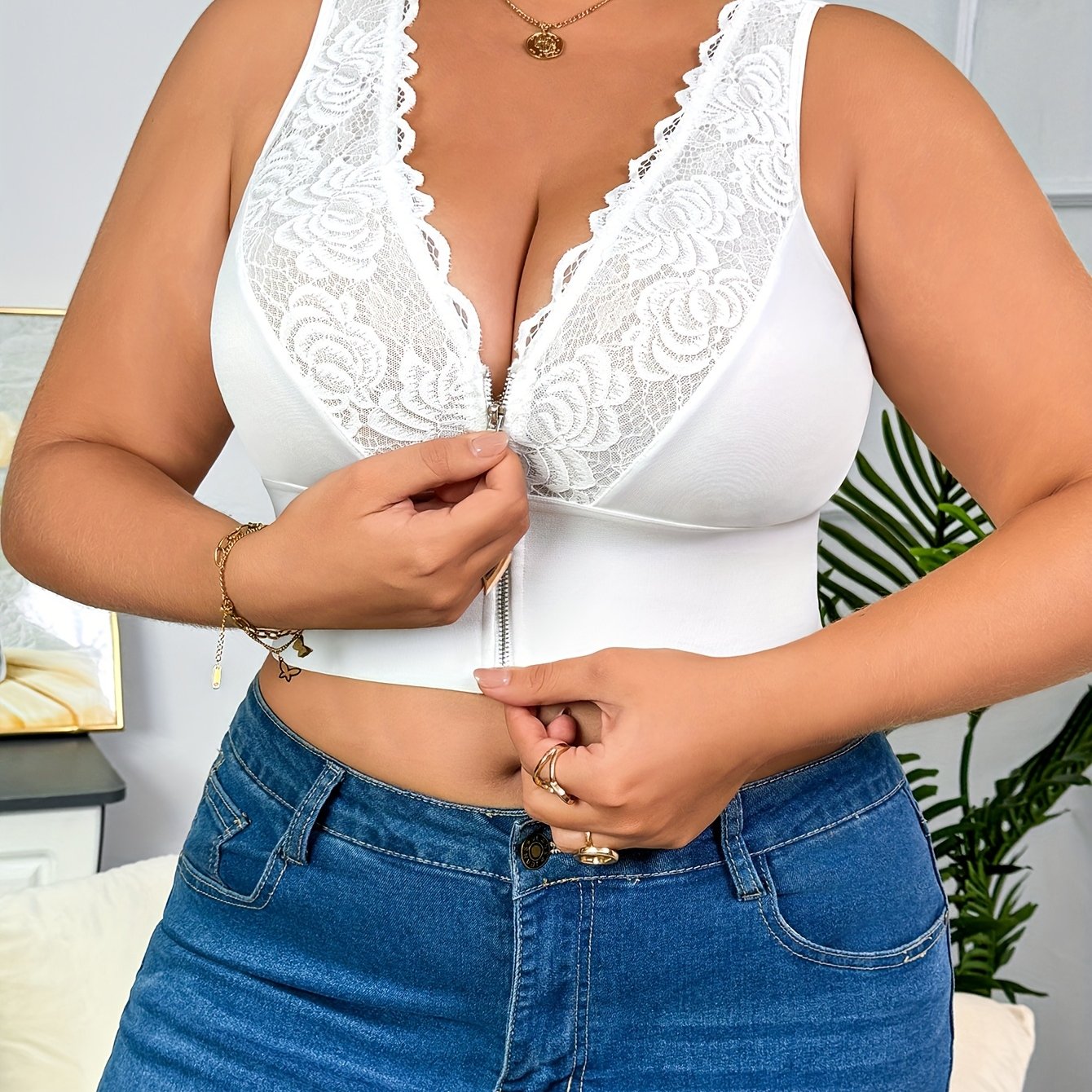 Plus Size Women's Lace Trim Off-Shoulder Zipper Front Top in Solid Color