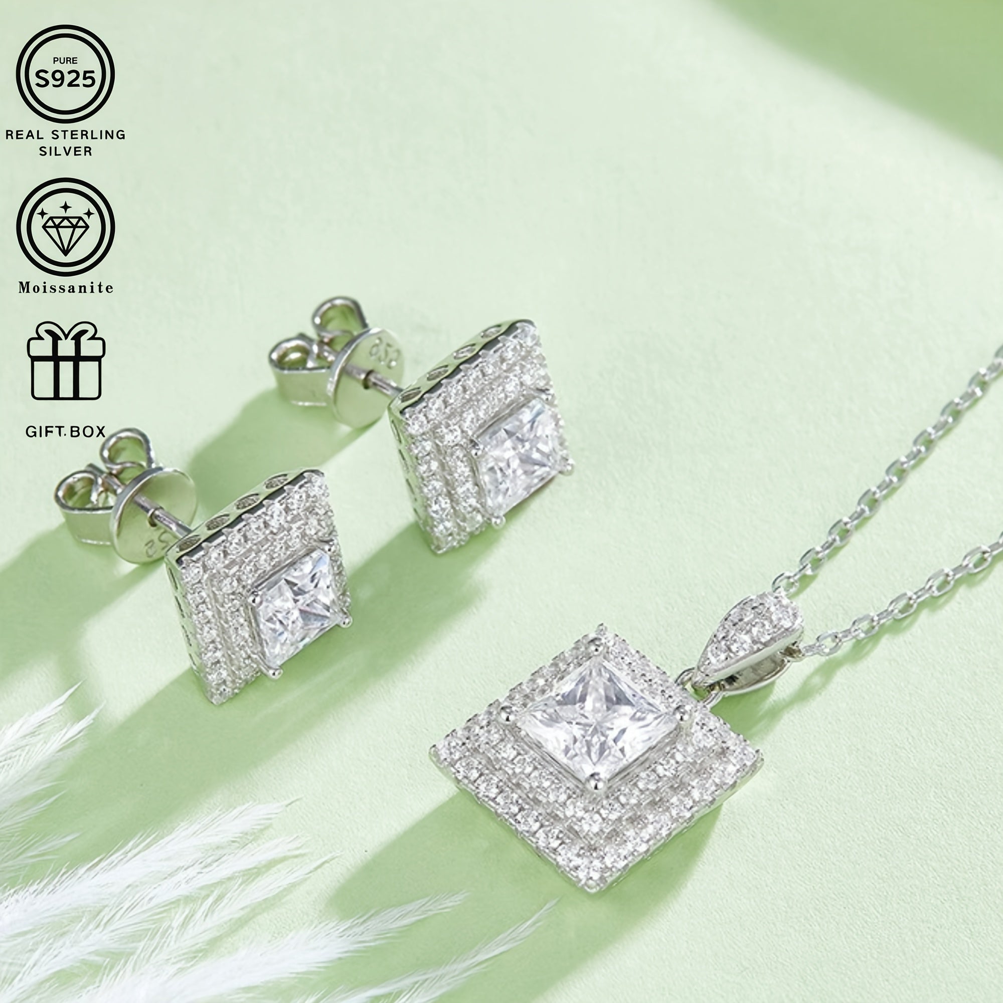 Women’s Silver Jewelry Set with Moissanite Necklace and Earrings 1ct and 1ct