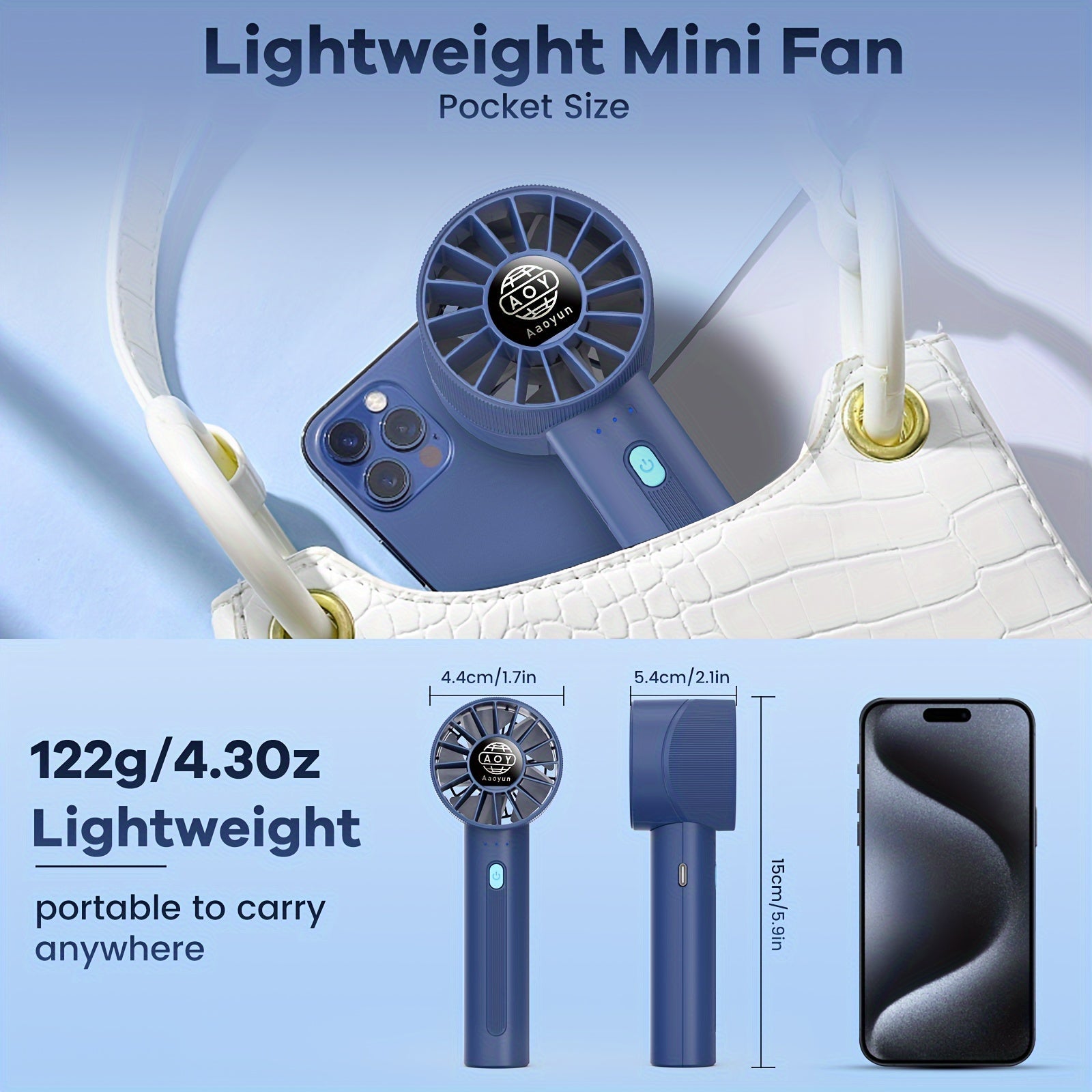 Rechargeable Mini Turbine Fan with USB Port, Portable Handheld Fan, 4 Speeds