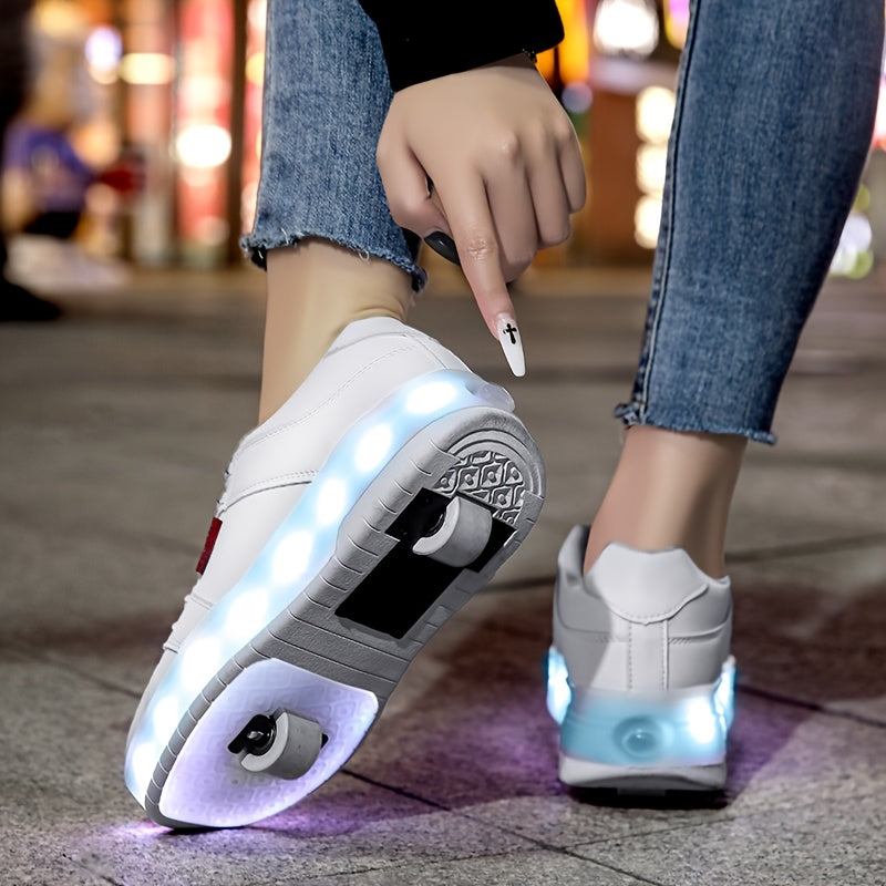 Kids' LED Light-Up Sneakers for Boys and Girls White with Blue Red Green Lights Breathable PU Adjustable Strap