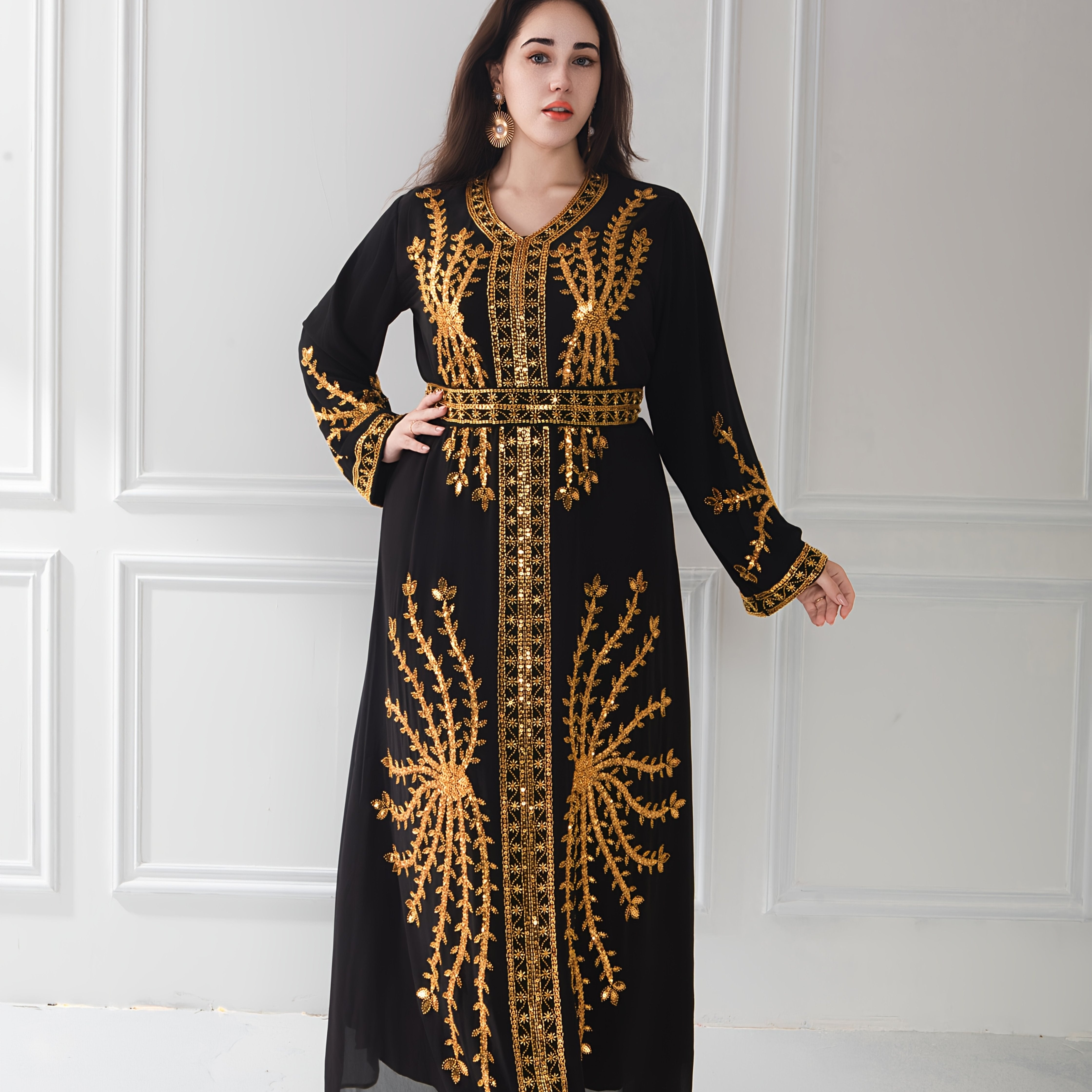 Plus Size Embroidered Maxi Dress White Gold V-Neck Long Sleeve Casual Formal