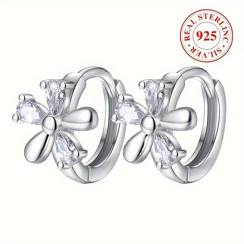 Women's Silver Hoop Earrings with Flower Design and Zirconia Inlay for Party and Wedding