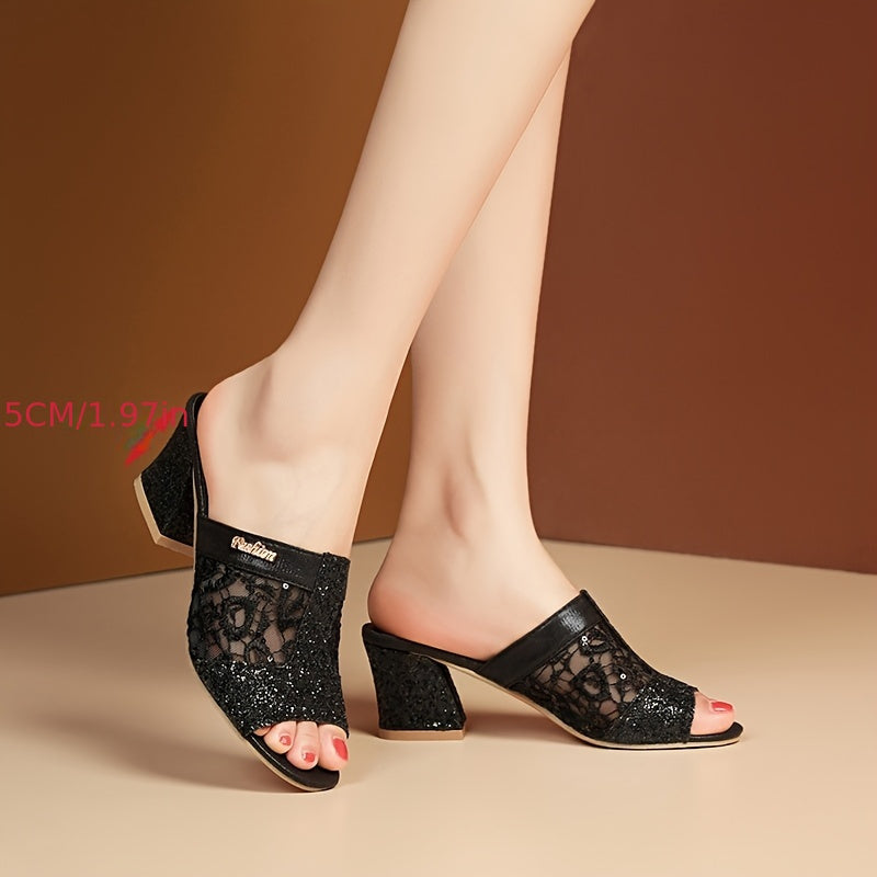 Women's Glittery Fishmouth Mid-Heel Sandals Open-Toe Slip-On Black Summer Shoes