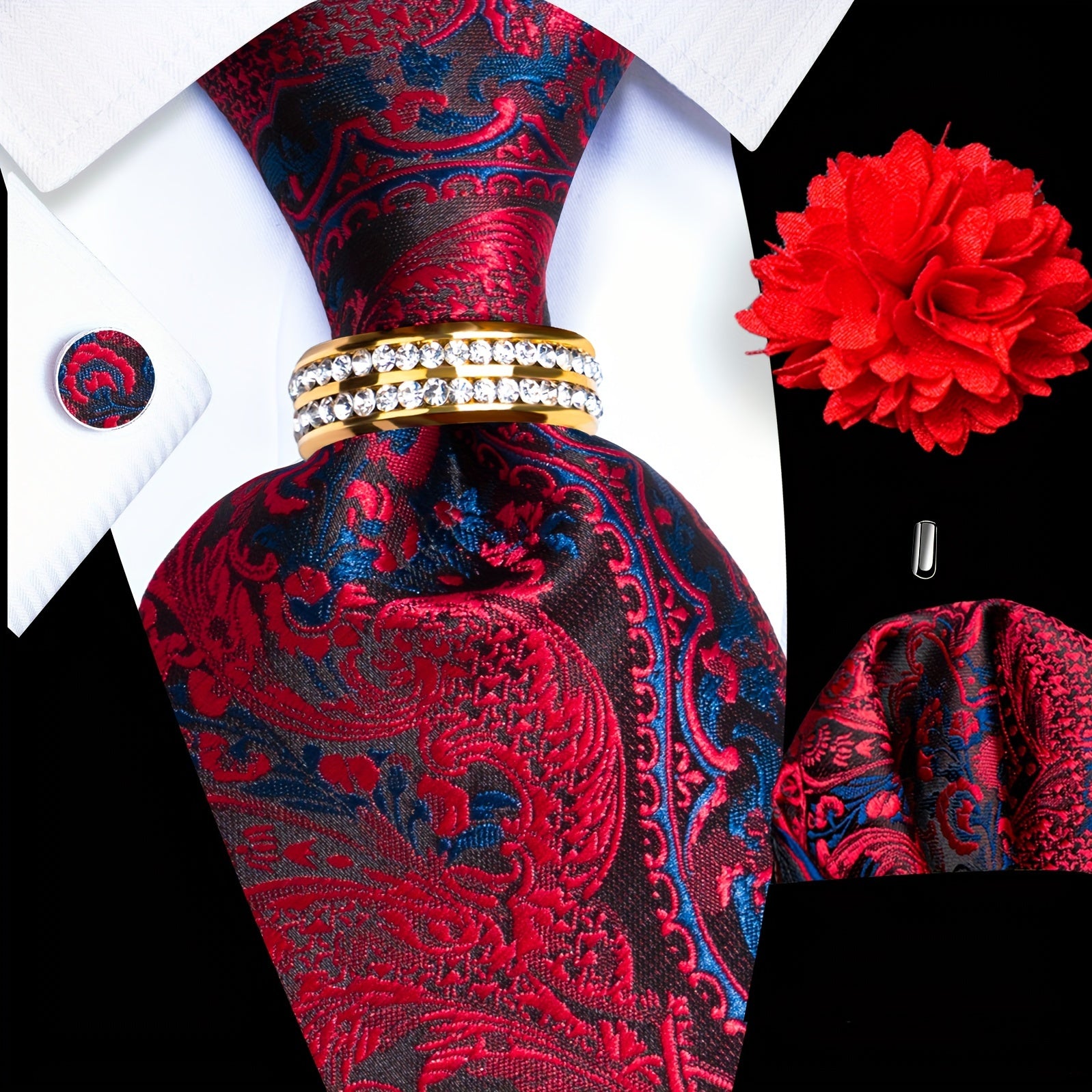 Men's Formal Tie Set with Pocket Square Cufflinks Tie Clip Lapel Pin and Ring for Weddings and Occasions