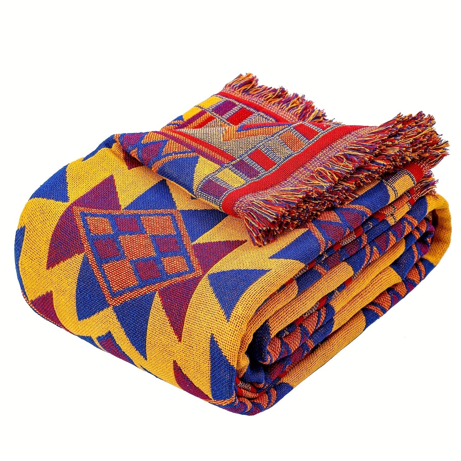 Bohemian Reversible Throw Blanket with Geometric Pattern and Tassels for Couch Protection