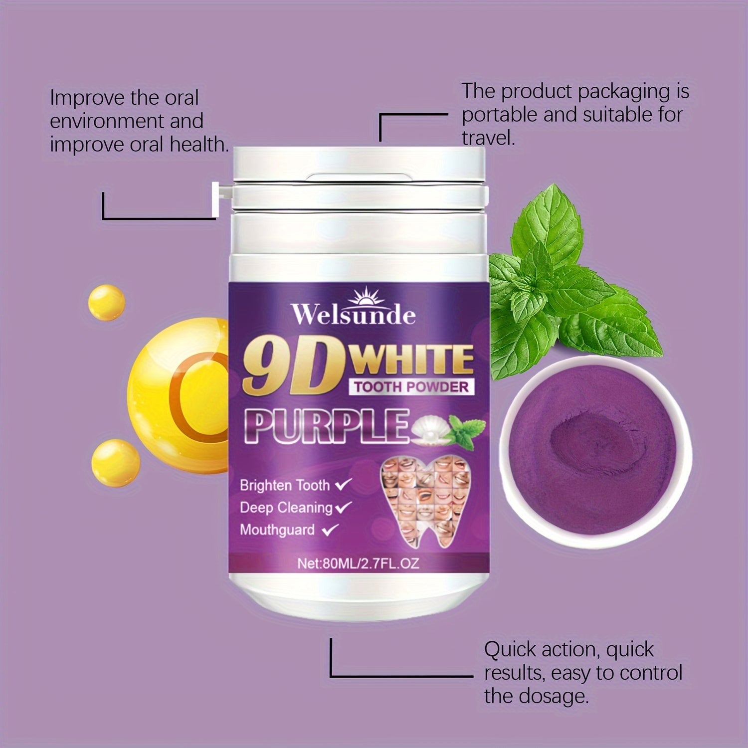 Purple Tooth Powder for Men and Women Deep Clean Fresh Breath Travel Convenience