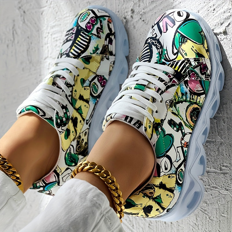Women's Canvas Sneakers Casual Low Top Outdoor Shoes with Graffiti Pattern