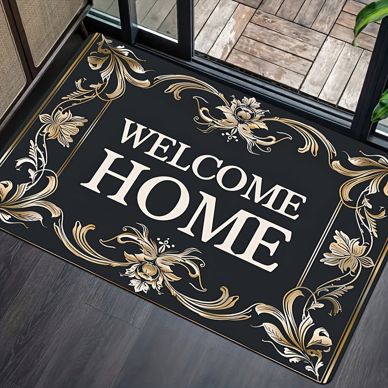 Super Soft Thick Square Carpet Rug with Golden Floral Lace Welcome Pattern Indoor Floor Mat