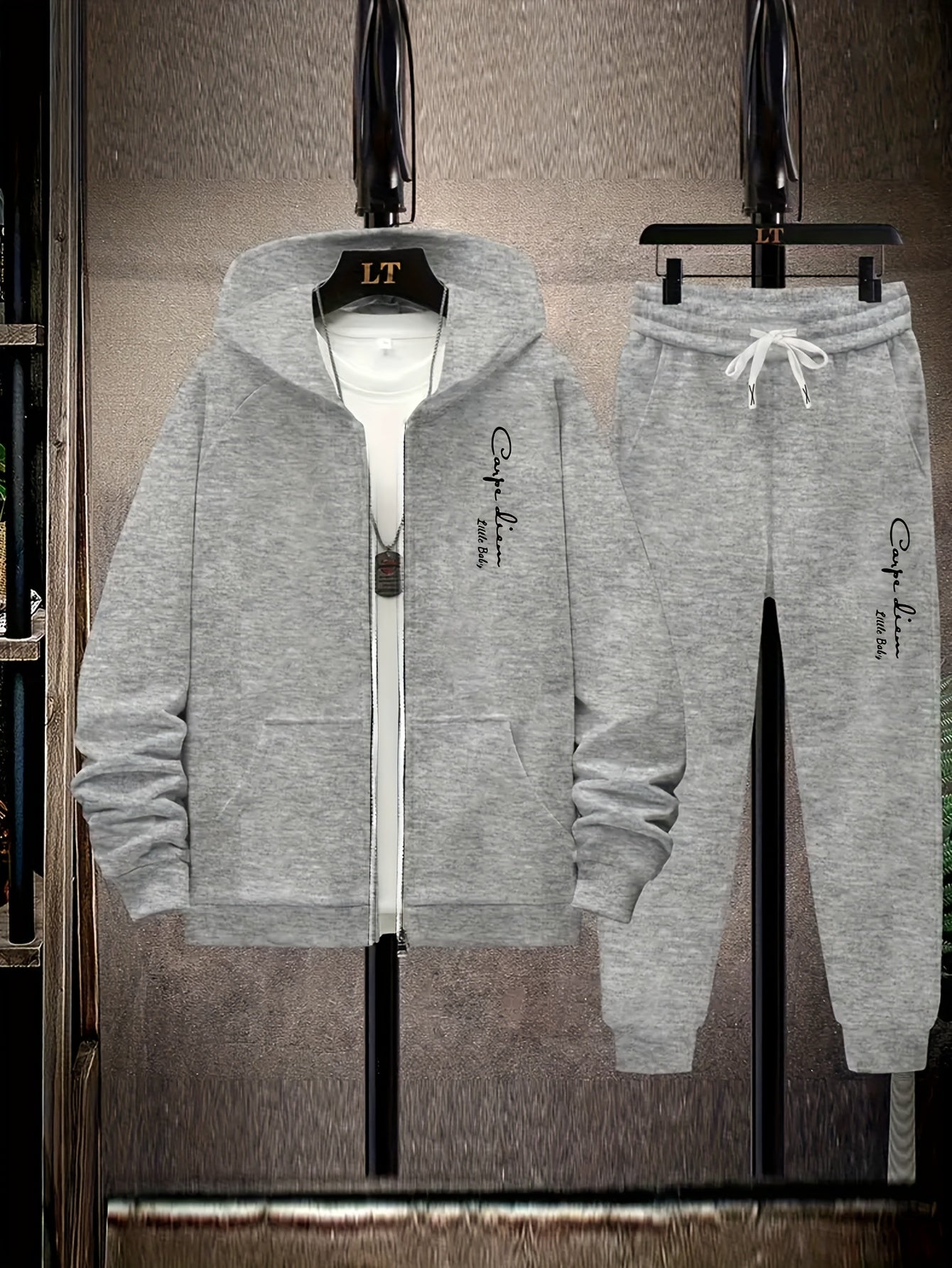 Printed Hooded Sweatshirt Set with Zipper Drawstring Sweatpants for Fall Winter