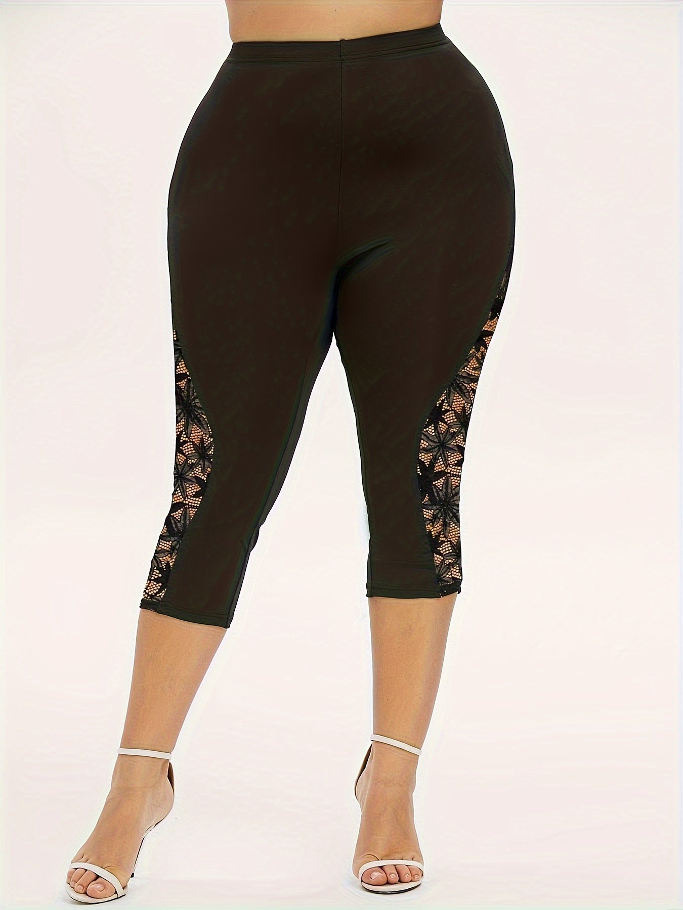 Women's Plus Size High-Waisted Capri Pants with Lace Detail Black White