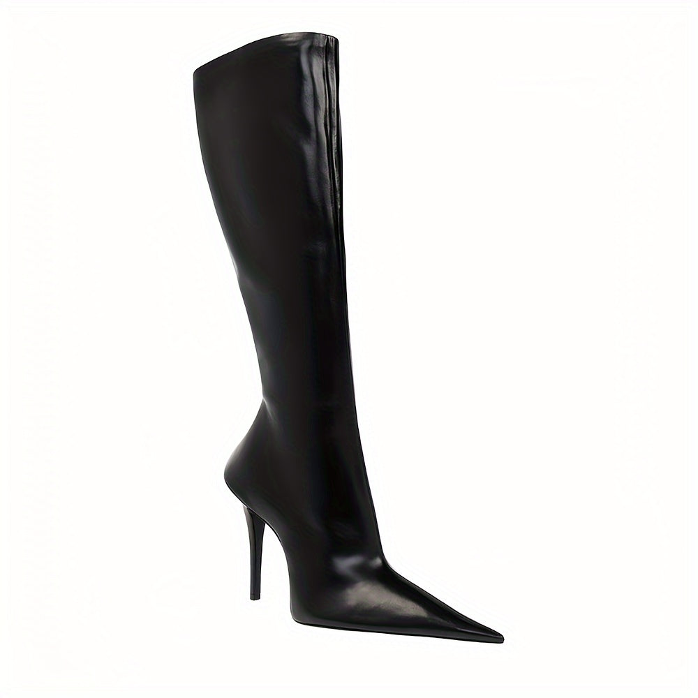 Women's Knee-High Faux Leather Boots with Pointed Toe and Zipper