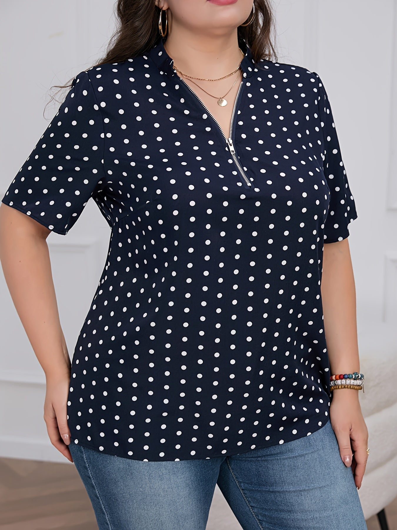 Women's Plus Size Polka Dot V-Neck Short Sleeve Zip Casual Summer Shirt