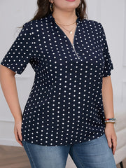 Women's Plus Size Polka Dot V-Neck Short Sleeve Zip Casual Summer Shirt