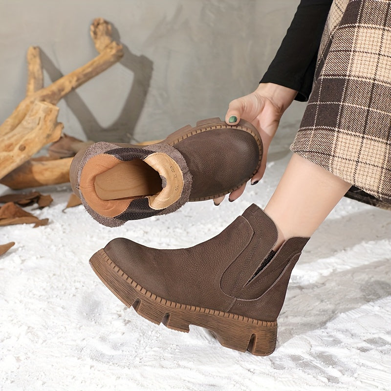 Women's Genuine Leather Short Boots Thick Soles Casual Round Toe