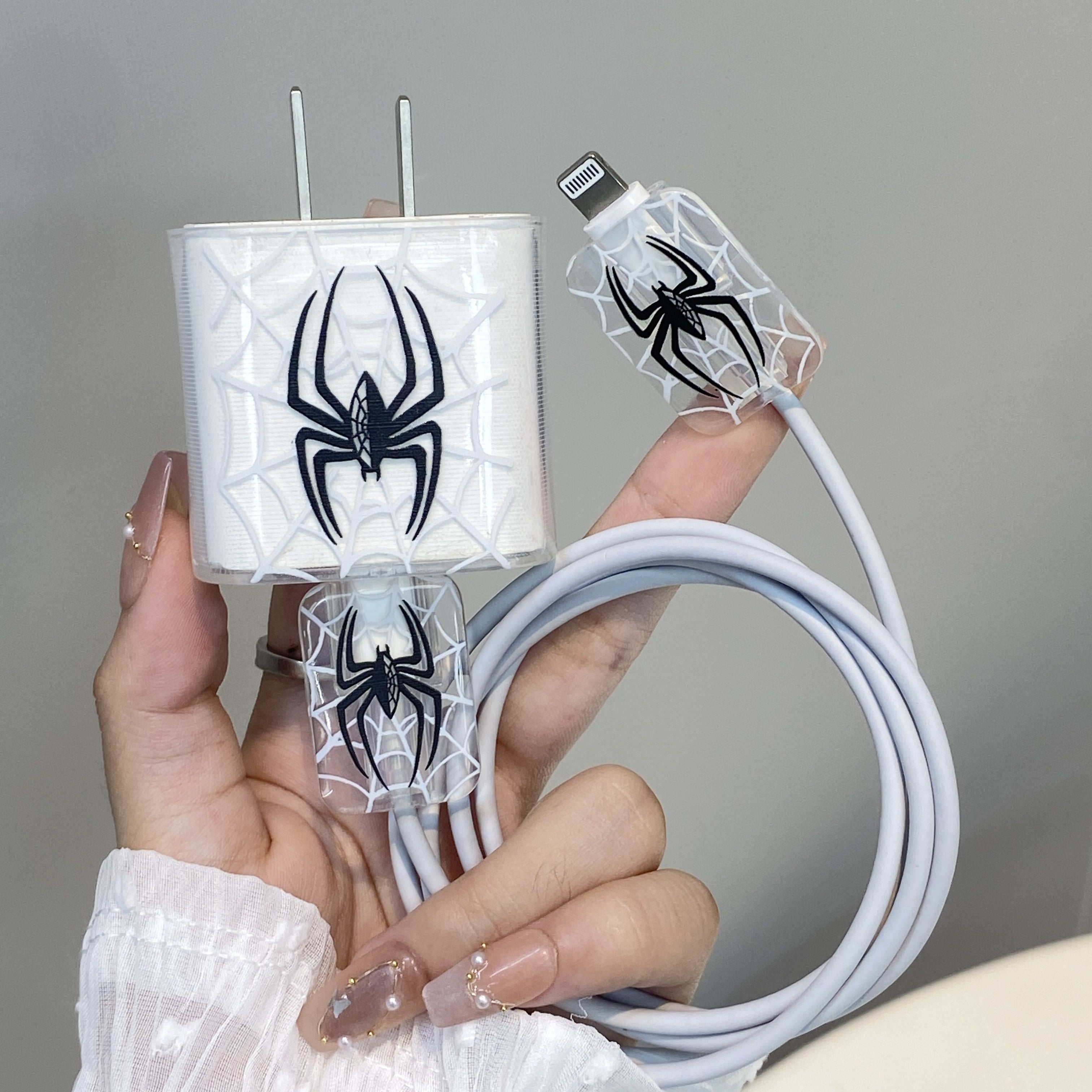 TPU Spider Pattern Charger and Cable Protector Set for iPhone 20W Adapter Durable Port Cover
