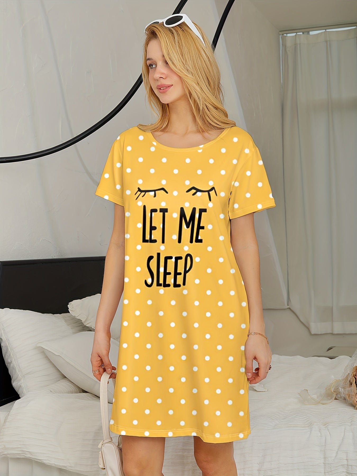 Pink Polka Dot Women's Nightgown Short Sleeve Round Neck Summer Sleep Dress Polyester Elastane