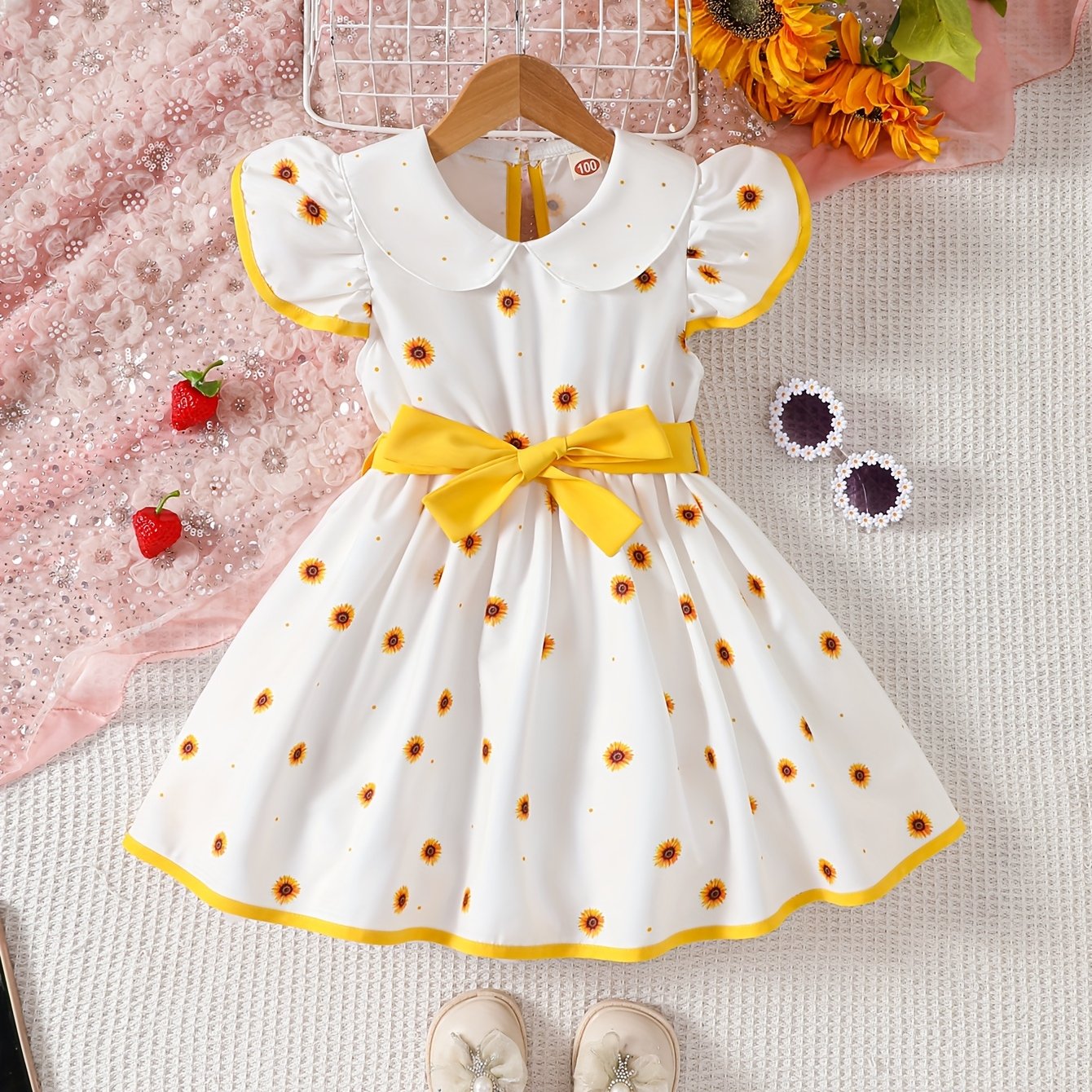 Girls' Woven Polyester Summer Sleeveless Dress with Doll Collar Ruffled Hem and Strawberry Pattern