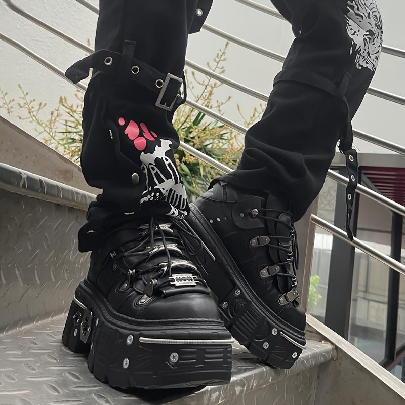 Women's Black Platform Ankle Boots Round Toe High Heel Sneakers