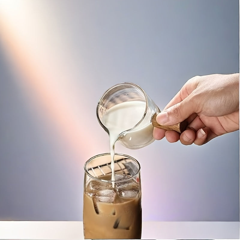 Yaratuvchi Shisha Sut Qozonchasi, Yog'och Tutqichi bilan, Qahva Ta'mini O'lchash uchun Isiga Qarshi O'lchov Stakan, Shisha Ziravor Qozonchasi, O'lchov Belgilari bilan, 1 Dona