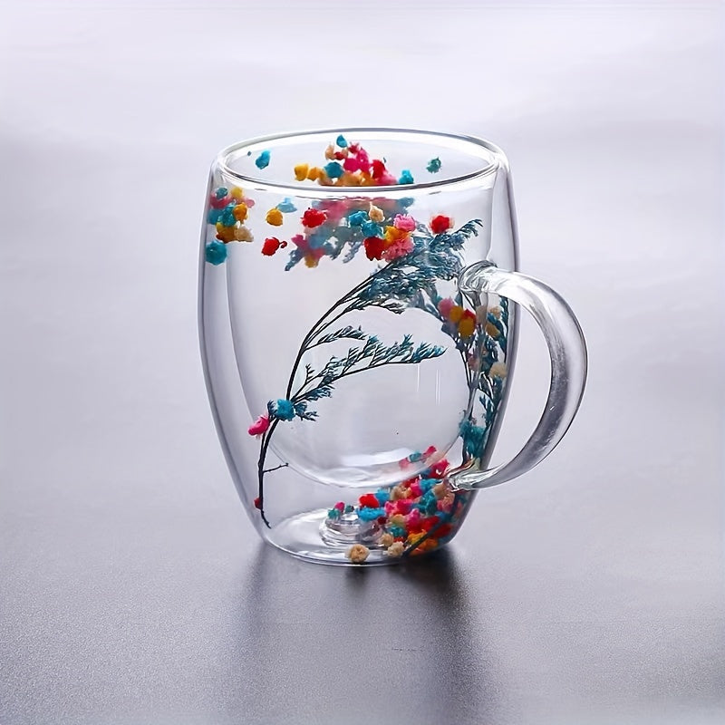 Double-Walled Glass Mug 11.83oz with Dried Flowers for Coffee Tea Juice