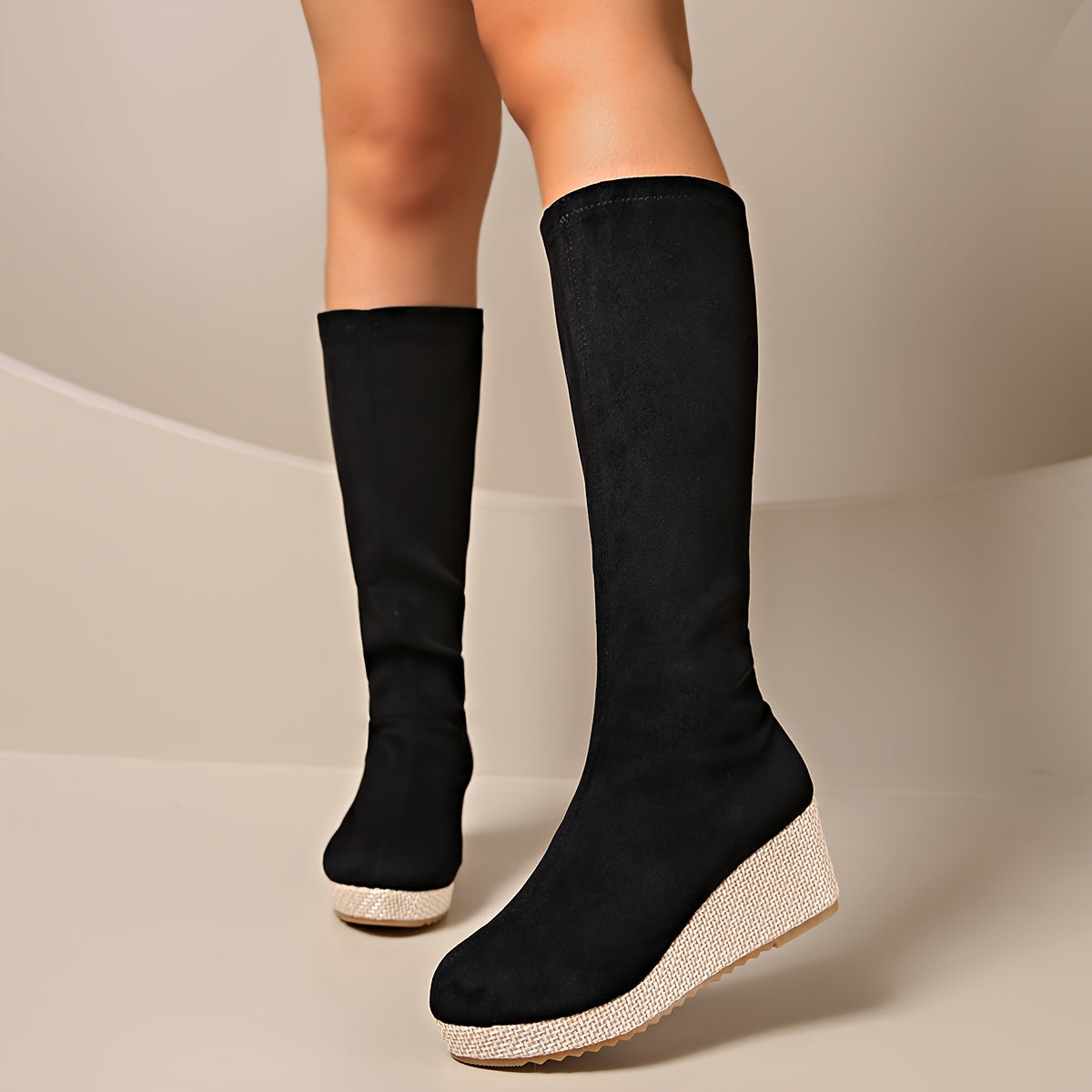 Women's Beige Wedge Heeled Stretch Long Boots Fabric Upper Rubber Outsole