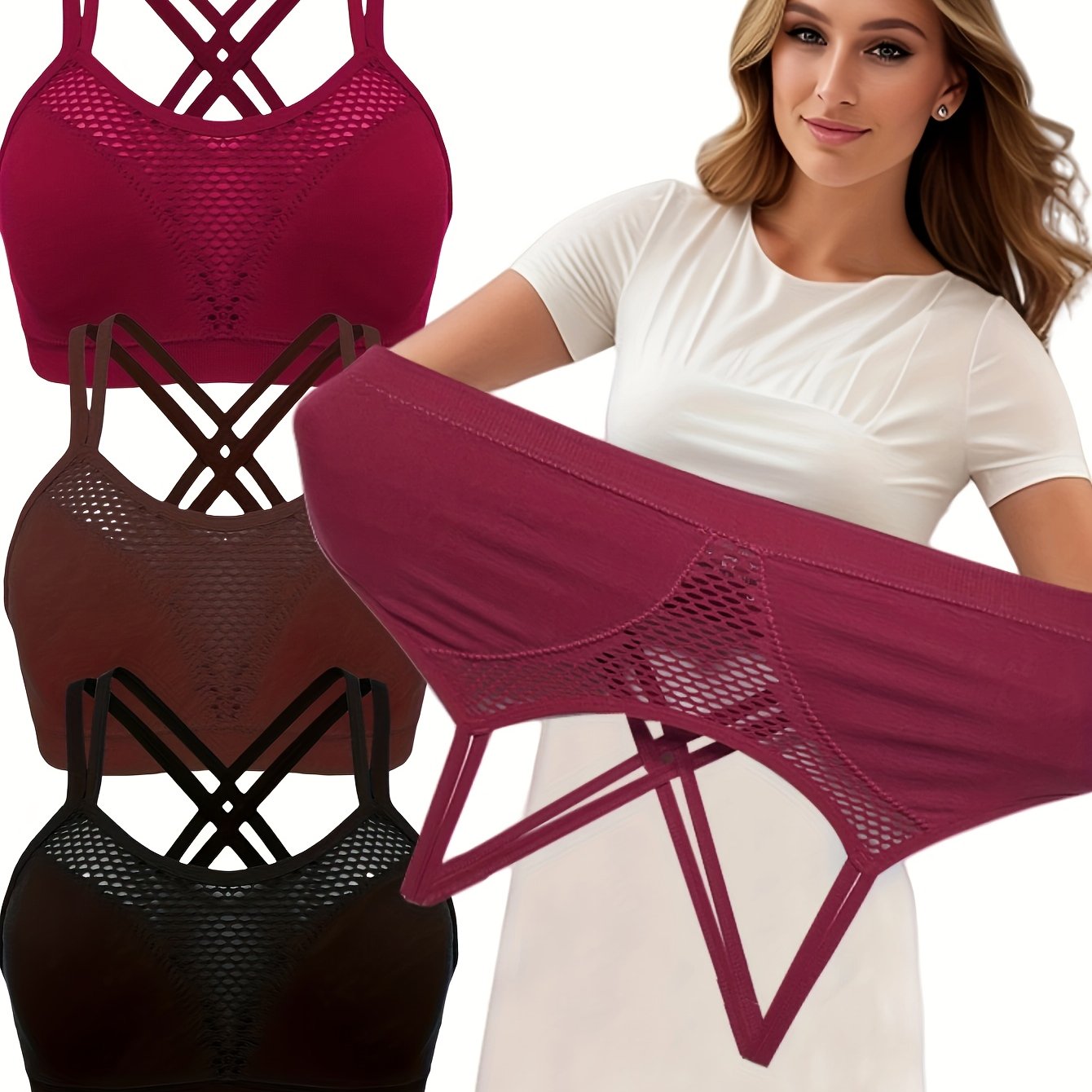 Women's Plus Size Running Bras 3 Pack Breathable Mesh Cross-Back Support