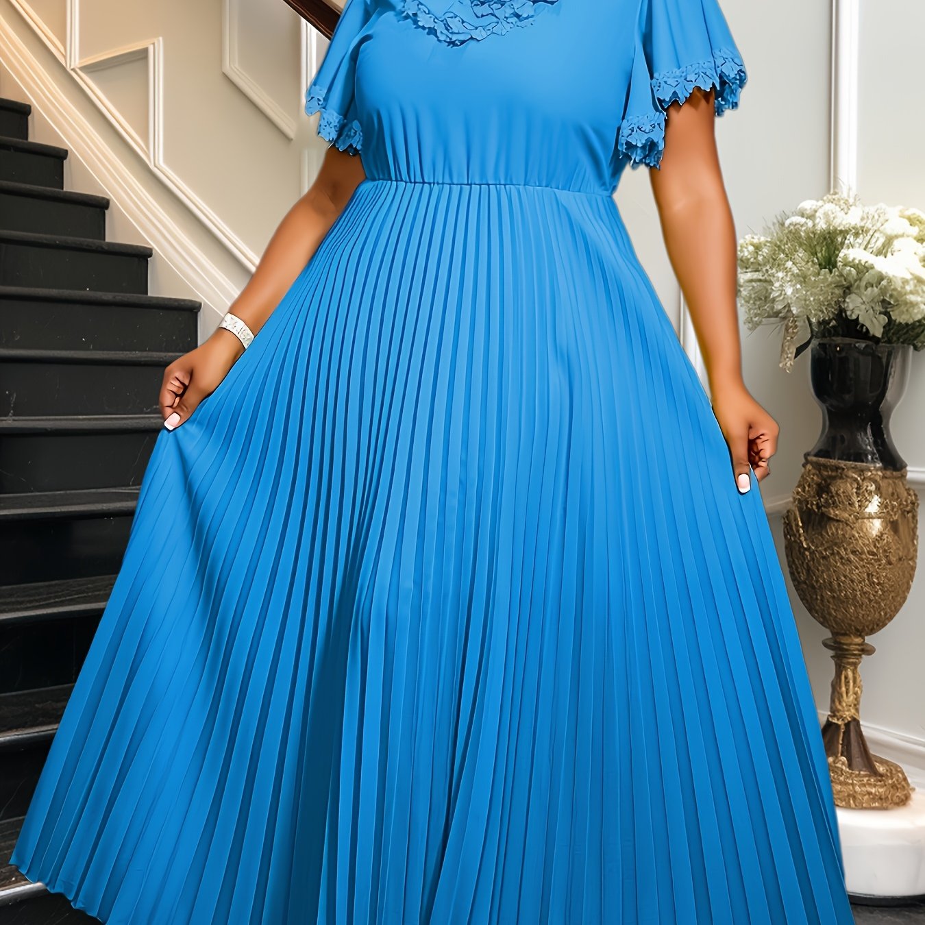 Women's Pink Pleated Maxi Dress with Lace Detail for Weddings and Holidays