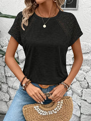 Women's Black Short Sleeve T-Shirt with Lace Detail Polyester Crew Neck Medium Stretch Spring Summer Fall