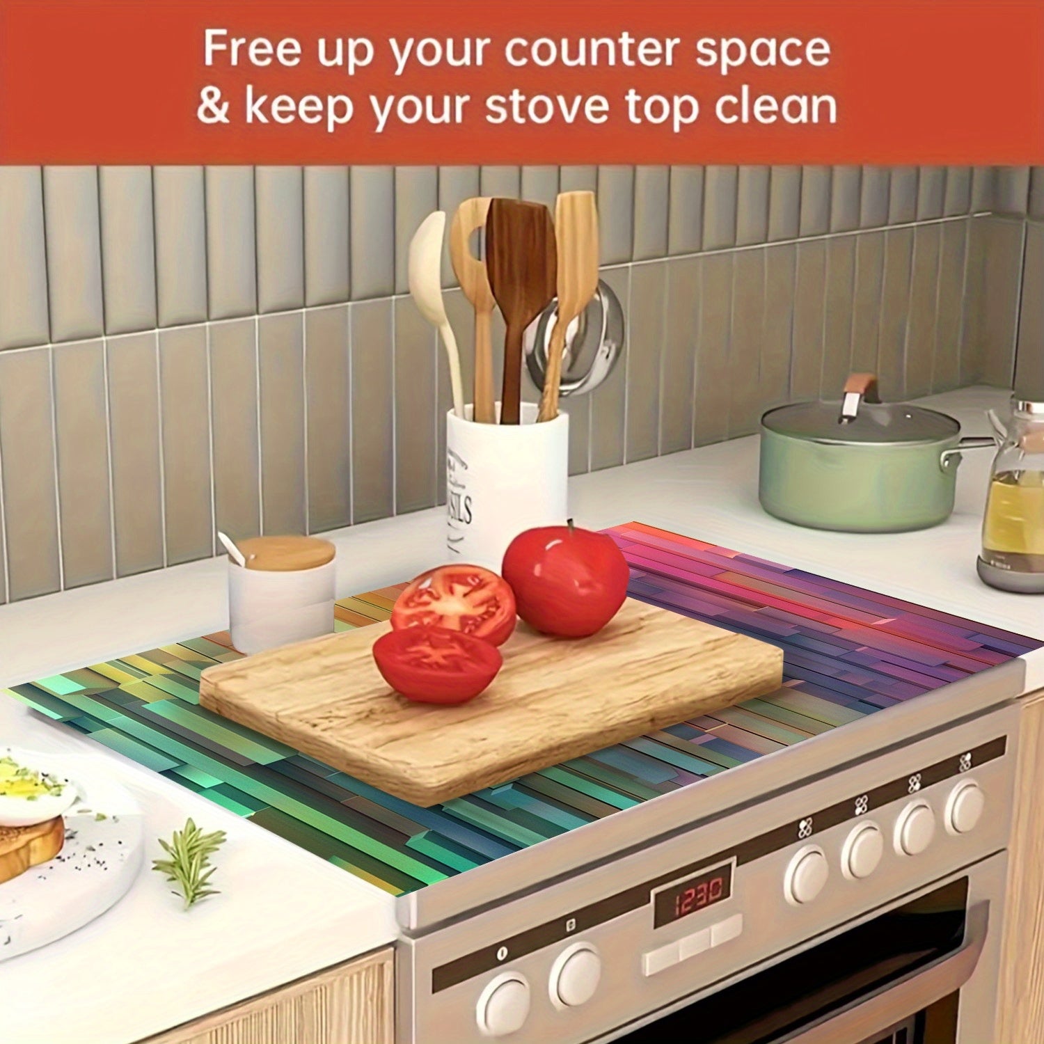 Qattiq, issiqka chidamli g'ovakli kauchuk pechka mato, kamalak naqsh bilan. Chizishlarga, yog' va dog'larga qarshi. Qayta ishlatiladigan, idish-tovoq mashinasida tozalash mumkin va yorqin oshxona dekoratsiyasi.