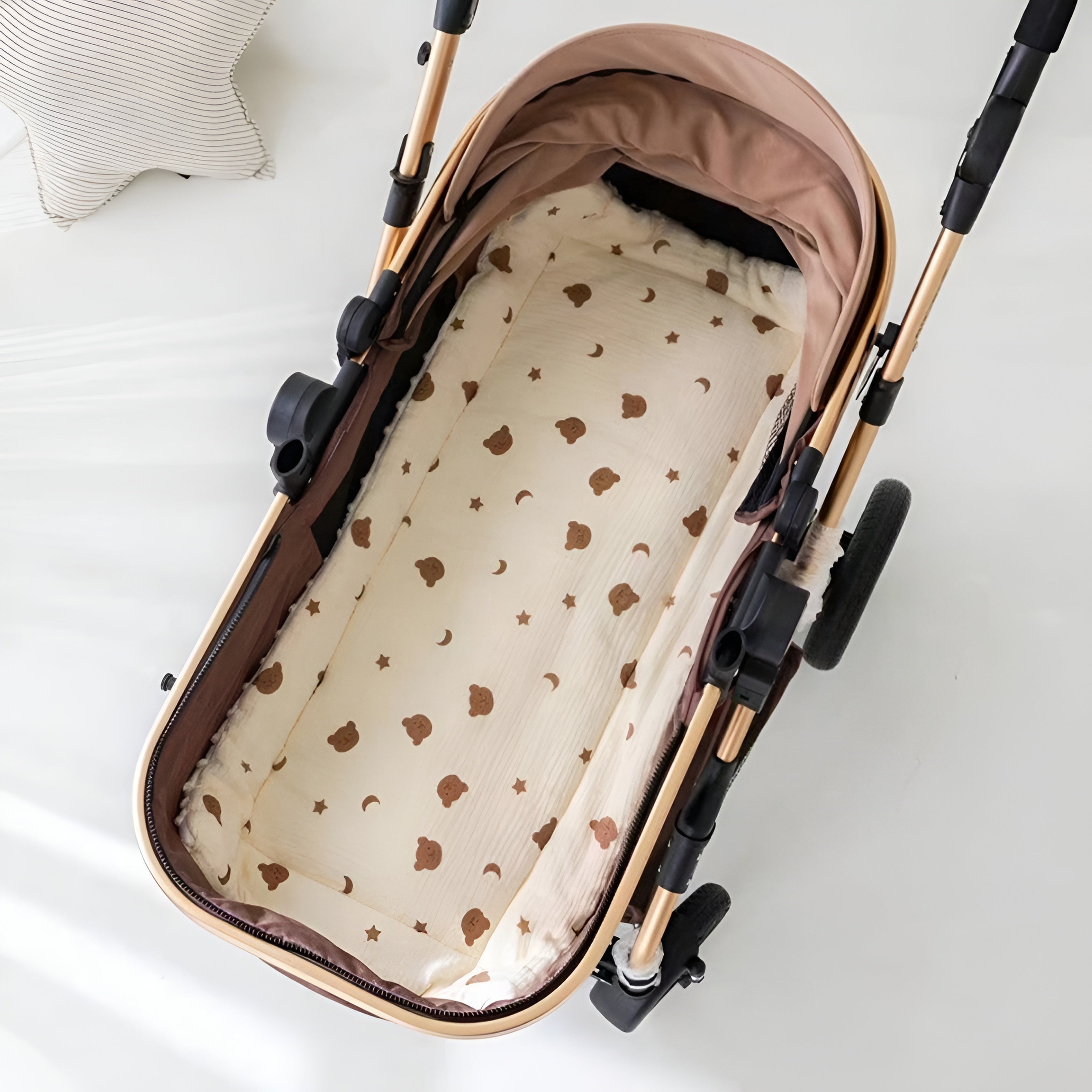Double-Sided Cotton Baby Stroller Mat Beige with Moon Bear Design Soft Washable
