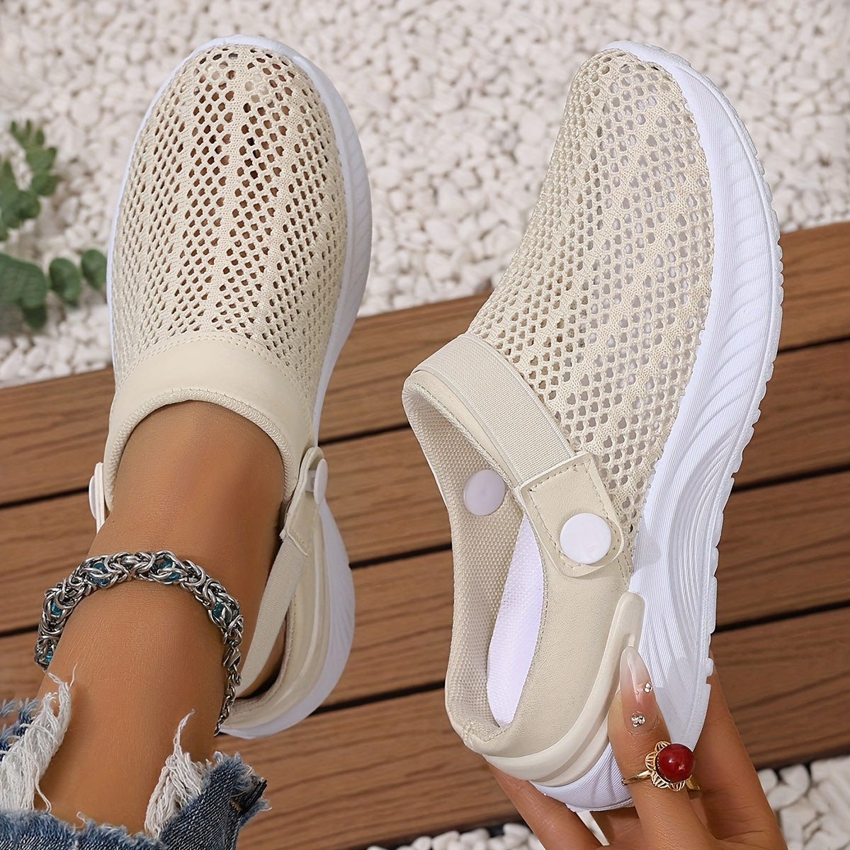 Women's White Breathable Mesh Slip-On Sneakers for Summer Beach Travel