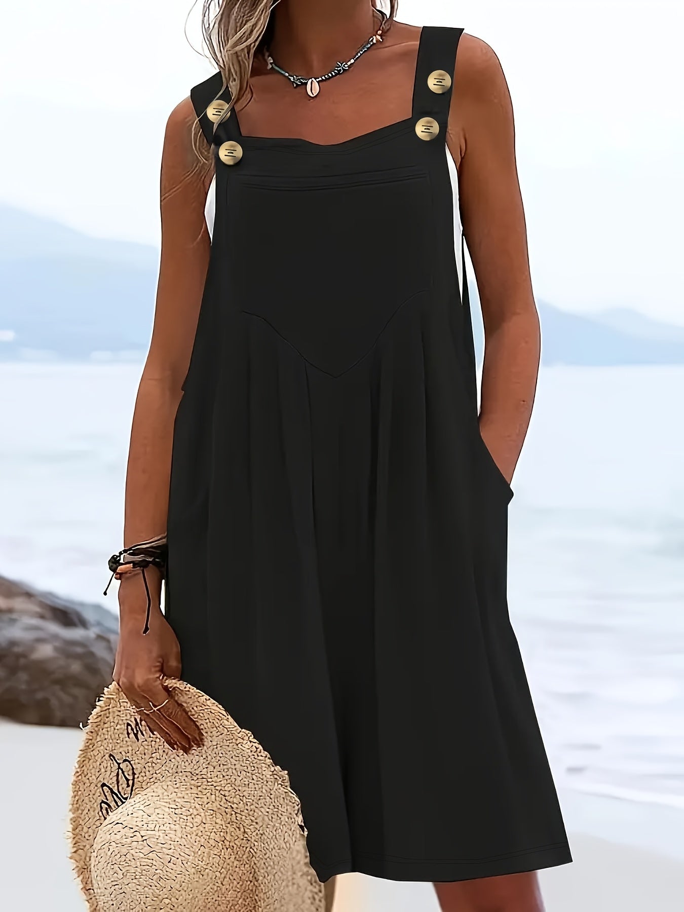 Women Sleeveless Jumpsuit with Faux Buttons Breathable Stretchy Casual