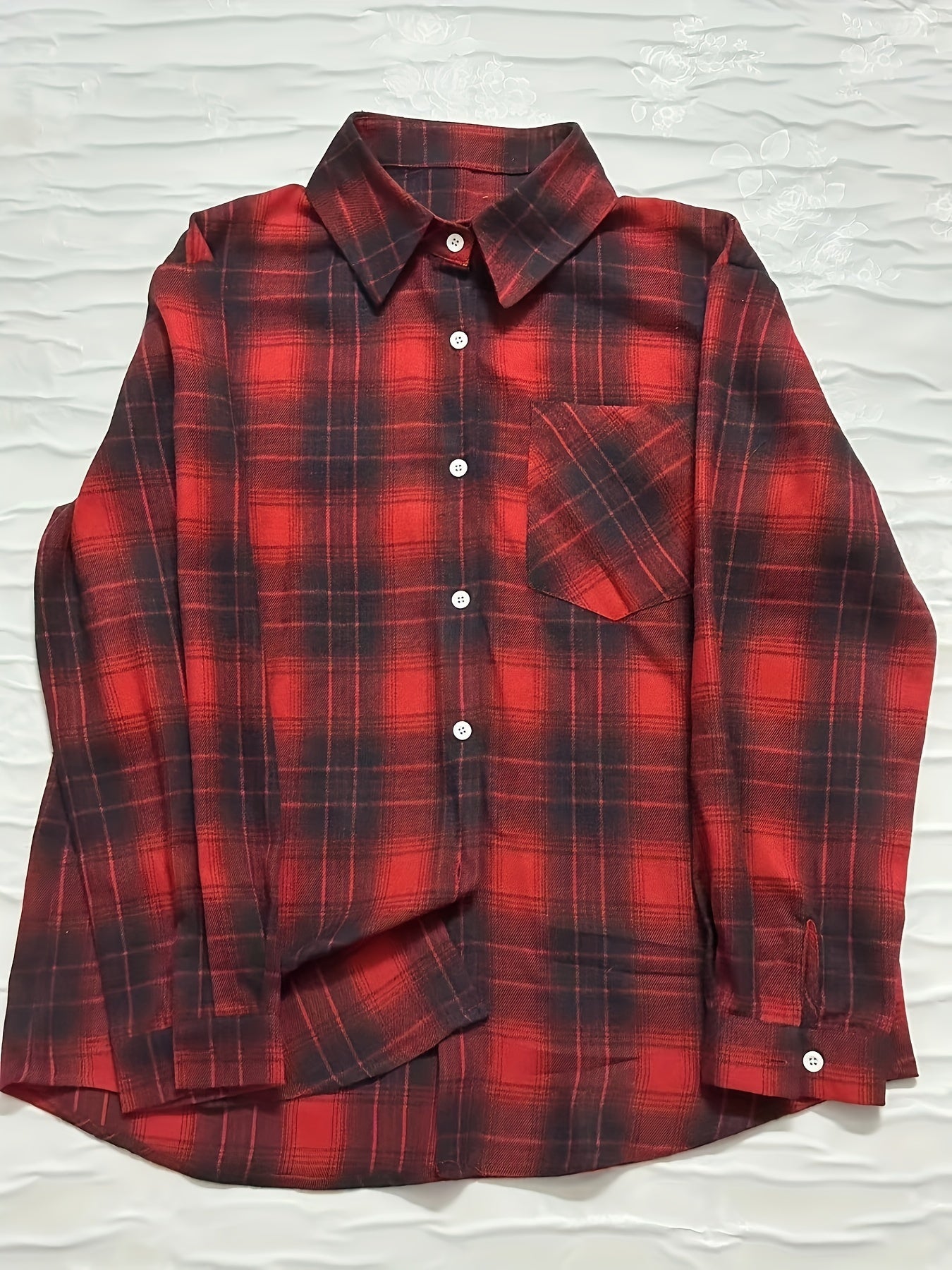 Women's Plaid Polyester Long Sleeve Shirt with Polo Collar and Casual Pocket