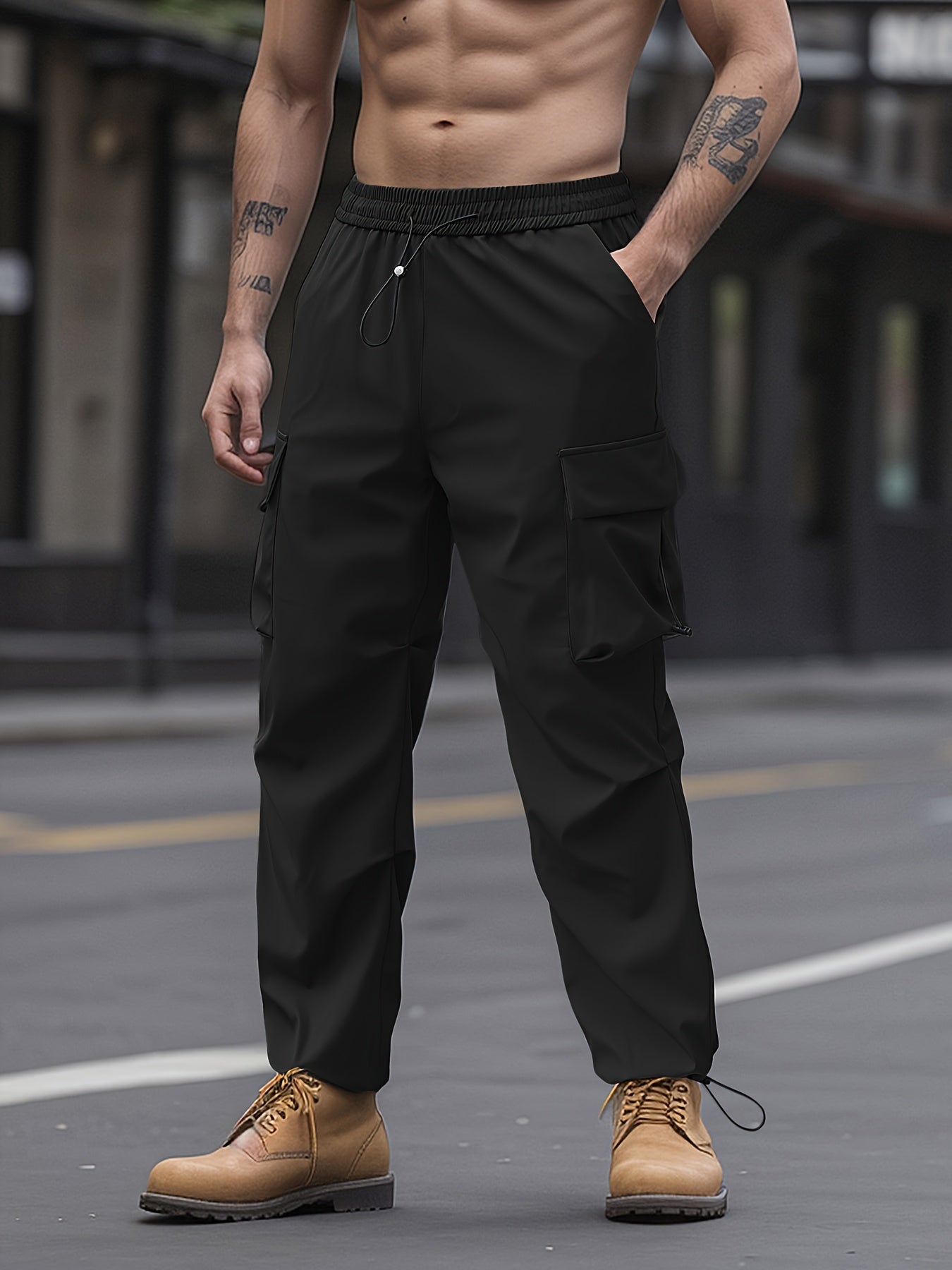 Unisex Cargo Pants with Flap Pockets Drawstring Waist Solid Color Polyester All-Season