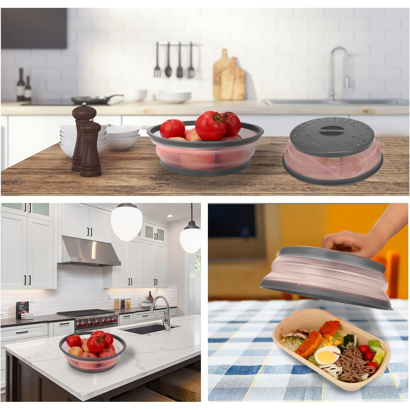 Kulrang BPA-free TPR mikroto'lqinli splatter himoyasi, tutqichi bilan - mevalar uchun bug' chiqish teshiklari va filtr bilan doira oziq-ovqat qopqog'i, 26.67 sm, zarur oshxona aksessuari