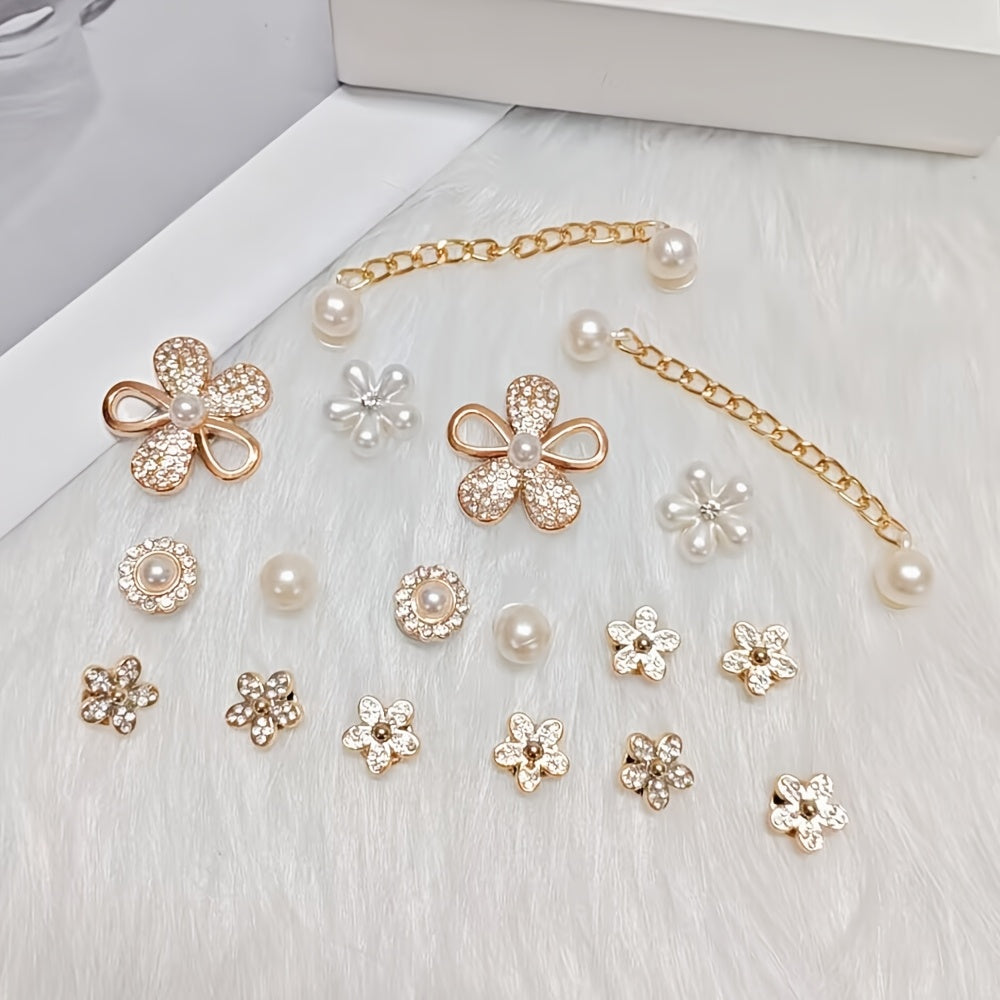 Women Faux Rhinestone Shoe Charms Set with Flowers and Chains 18pcs